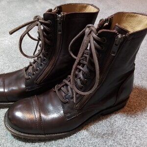 Frye Tyler Men's Leather Boots Double Zip & Lace Up Combat Dark Brown - Size 8